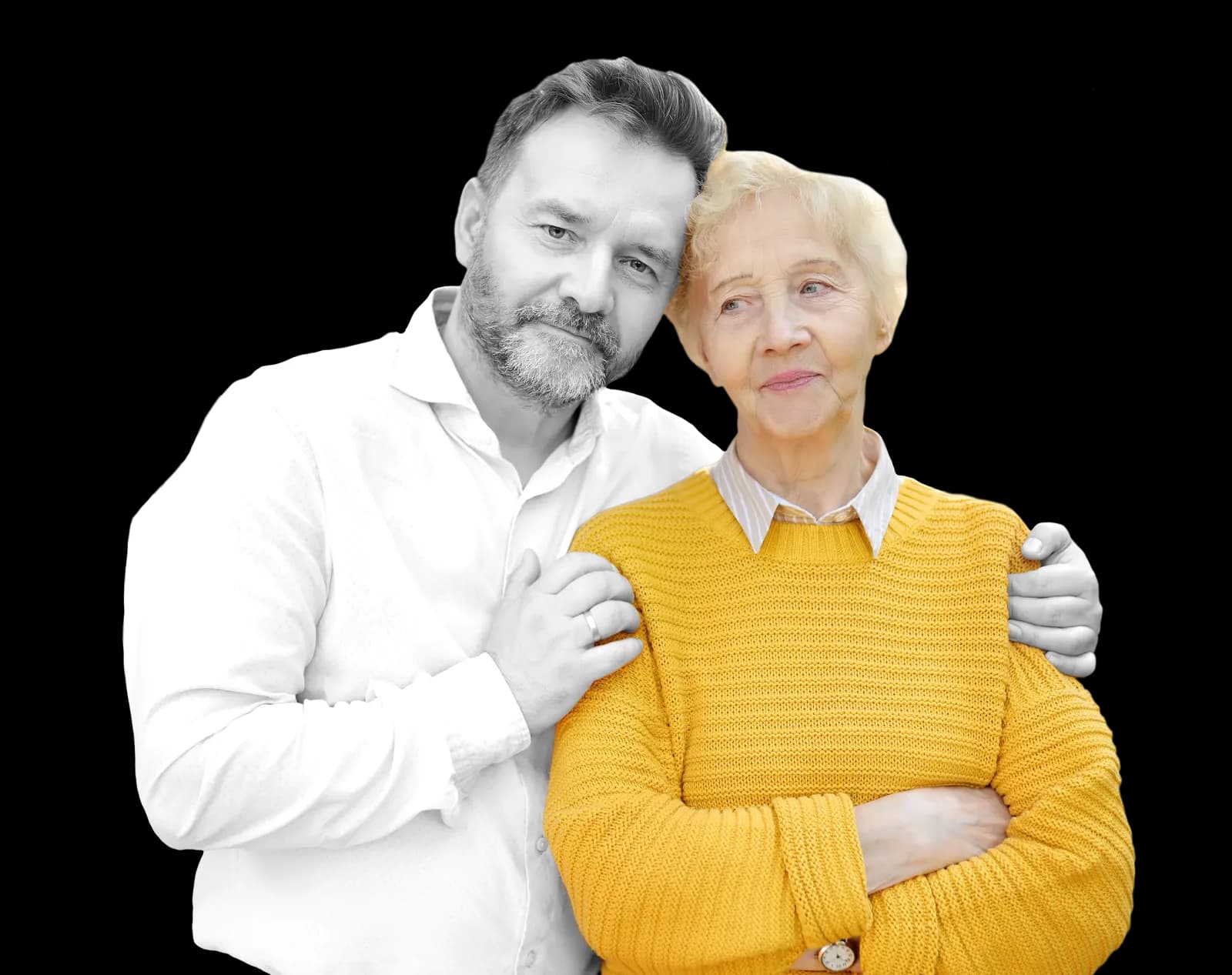 Un fiu își ține mama de umeri; amândoi zâmbesc